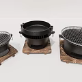 Three Cast Iron Kitchen Appliances With Wooden Base And Mesh Grills For Home Cooking