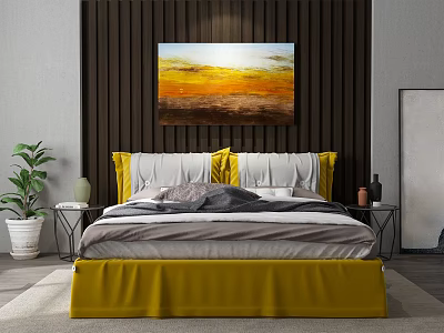 Yellow Skirted Double Bed With White Yellow Pillows Against Dark Wooden Wall And Orange Painting 3d model