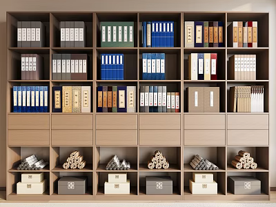 Organized Wooden Bookcase With Multilayer Shelves Colorful Folders Books And Storage Drawers 3d model