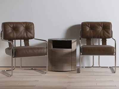 Brown Leather Leisure Seating Set With Metal Frame And Wooden Round Side Table 3d model