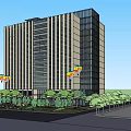 Modern High Rise Building Exterior With Landscaping Plaza Fountain And Flags