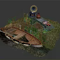 Rustic Waterside Scene With Wooden Boat Gramophone Small Bench Flowers And Green Grass