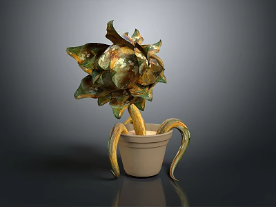 Elegant Decorative Household Item with Green Gold Petals and Curved Beige Pot Design 3d model