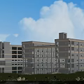 Modern Multi story School Building With Large Windows Green Lawn And Water Reflection