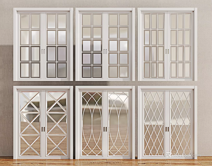Sliding Doors With White Frames And Various Glass Patterns For Interior Design 3d model