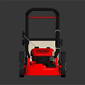 Red And White Lawn Mower With Black Handle White Wheels And Grass Bag