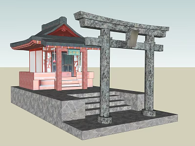 Traditional Ancient Architecture with Stone Torii Gate Red Structure and Stone Platform 3d model