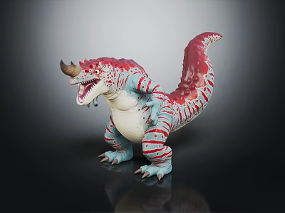 Colorful Horned Dinosaur Model With Open Mouth Red Blue Stripes And Sharp Teeth 3d model