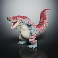 Colorful Horned Dinosaur Model With Open Mouth Red Blue Stripes And Sharp Teeth