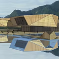 Modern Geometric Architecture With Wooden Facade Mountain View Water Reflection And Visitors