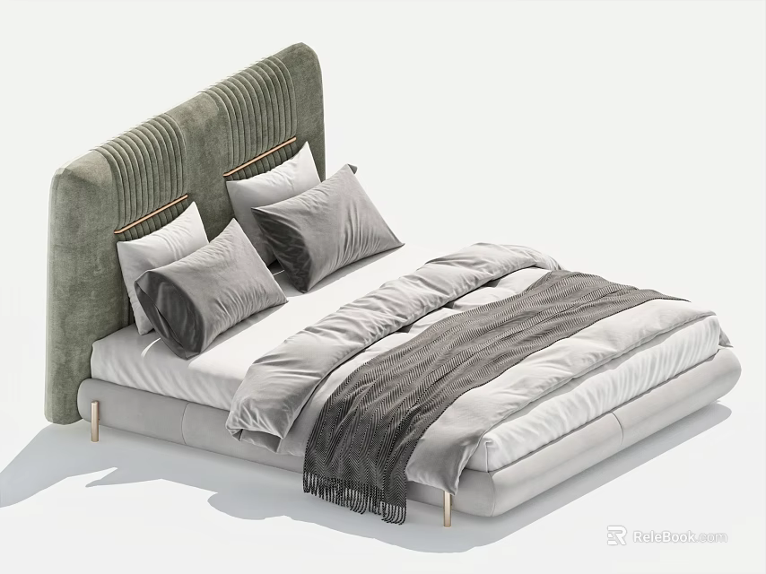 Modern Double Bed with Green Tufted Headboard Gray White Pillows and Throw Blanket 3d model