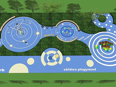 Fun Children's Playground With Circular Play Zones Green Space And Trees 3d model