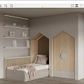 Cozy Kids Bed in Modern Kids Room with House Shaped Wooden Cabinets and White Shelves