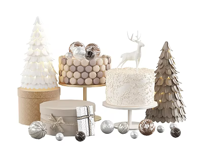 Festive Christmas Cakes with Decorative Trees Deer Gift Boxes and Ornaments 3d model