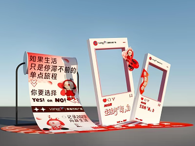 Vibrant Red And White Photo Check-in Spot With Frames Cartoon Characters And Slogans 3d model
