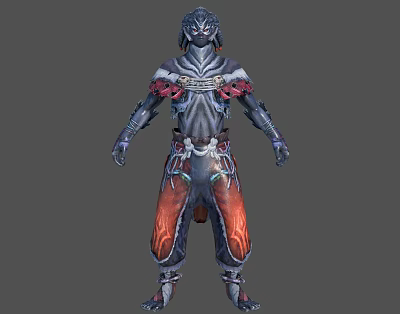 Intricate Fantasy Armored Warrior Character With Masked Head And Red Blue Accents 3d model