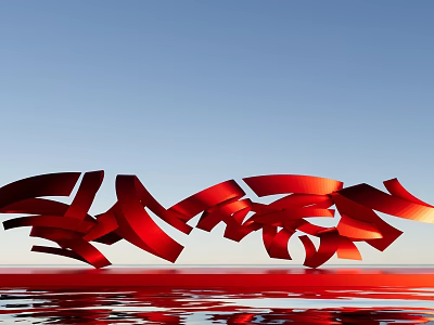 Red Sculpture Of Flowing Ribbons On Water Surface With Blue Sky Reflections 3d model