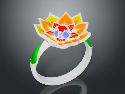 Stylish Lotus Shaped Fashion Ring With Orange Yellow Petals Green Accents And Red Blue Center 3d model
