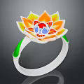 Stylish Lotus Shaped Fashion Ring With Orange Yellow Petals Green Accents And Red Blue Center