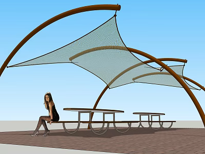 Tensile Membrane Structure Covering Outdoor Picnic Tables With Curved Frames Seating Under Blue Sky 3d model