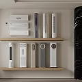 Various Air Conditioners and Fans Arranged on Wooden Shelves in Modern Room