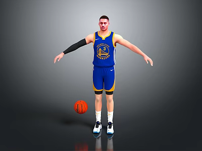 Man In Blue Warriors Jersey Standing With Basketball On Floor 3d model