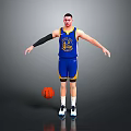 Man In Blue Warriors Jersey Standing With Basketball On Floor
