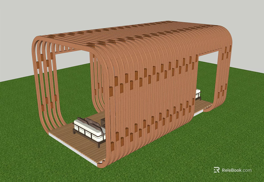 Wooden Pergola With Curved Structure Cutout Design And Bench On Green Grass 3d model 