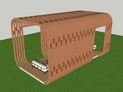 Wooden Pergola With Curved Structure Cutout Design And Bench On Green Grass 3d model