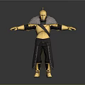 Golden Armored Character With Black Cloak And Detailed Design Standing Pose
