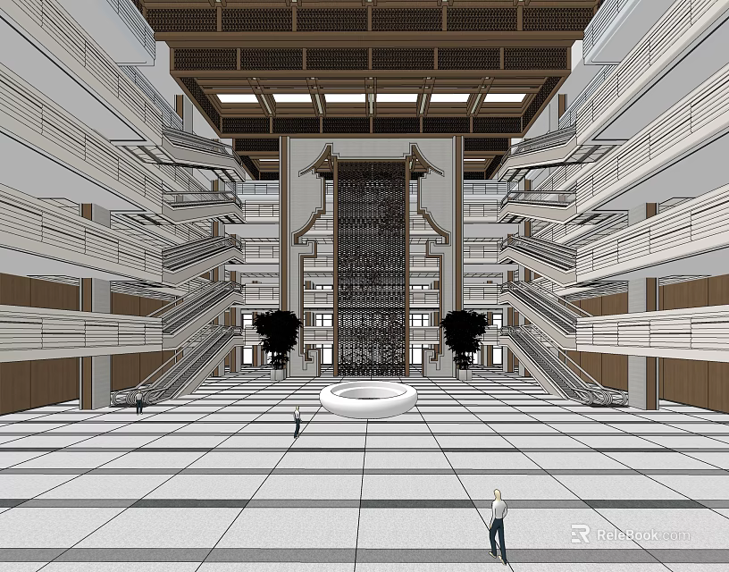 Front Desk Reception In Grand Hall Interior With Multi Level Structure Decorative Screen Wooden Staircases 3d model 