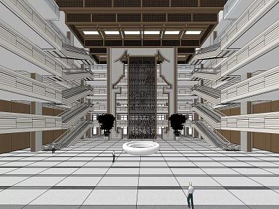 Front Desk Reception In Grand Hall Interior With Multi Level Structure Decorative Screen Wooden Staircases 3d model