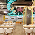 Modern Restaurant Interior With Colorful Pendant Lights Wooden Tables And Colorful Chairs