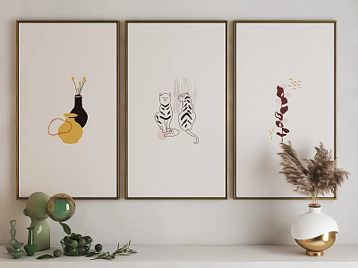 Three Framed Wall Art For Living Room With Vase Cats Plant And Ornaments 3d model