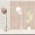 Brown and White Floor Lamps with Tripod Bases in Interior with Textured and Wooden Walls