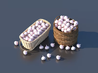 Fresh Garlic Bulbs in Wicker Baskets with Scattered Cloves on Dark Surface 3d model