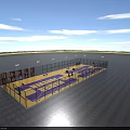 Outdoor Basketball Court With Purple And Yellow Floor Surrounding Fencing And Pole Lights