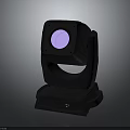 Black Moving Head Stage Lighting Fixture With Purple Beam On Gray Background