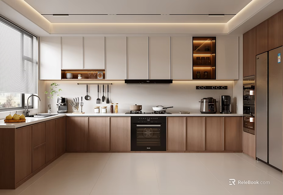 Modern Kitchen Interior Design With Wooden White Cabinets White Countertops And Appliances 3d model 