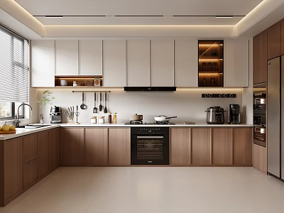 Modern Kitchen Interior Design With Wooden White Cabinets White Countertops And Appliances 3d model