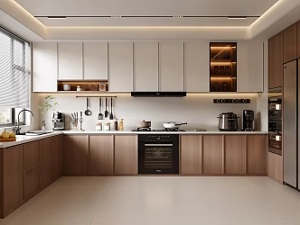 Modern Middle Style Kitchen Refrigerator Gas Stove Range Hood Kitchen Supplies Vase Oven Electrical Cabinet Vegetable Washing Basin U-shaped Kitchen 3d model