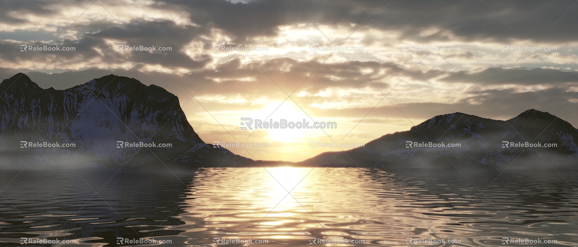 Dusk Early Morning Landscape Concept Product Display Film Head Film End Backlit Snow Mountain Water Scenery Mountain Peak Lake Wetland Park 3d model