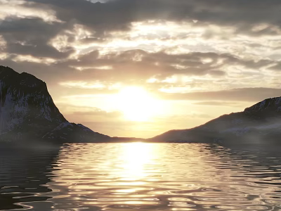 Scenic Mountain Lake at Sunrise with Cloudy Sky and Sparkling Water Reflection 3d model