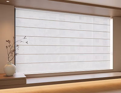 Light Filtering White Modern Curtains in Interior with Wooden Windowsill and Vase 3d model