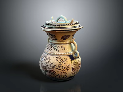 Decorative style ceramic vase vase ceramic off-white pattern curved handle lid interior decoration flower pattern gray background furnishings 3d model