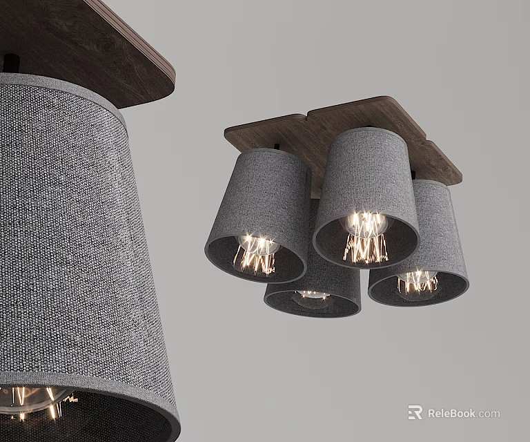 Modern Fabric Shade Ceiling Light With Wooden Base And Illuminated Bulbs 3d model 
