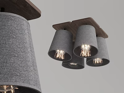 Modern Fabric Shade Ceiling Light With Wooden Base And Illuminated Bulbs 3d model