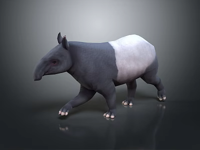 Realistic 3D Tapir Character With Gray And White Body Standing On Reflective Surface 3d model