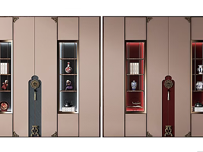 Chinese Style Bookcase with Decorative Metal Hardware Glass Doors and Red Blue Display Shelves 3d model