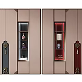Chinese Style Bookcase with Decorative Metal Hardware Glass Doors and Red Blue Display Shelves
